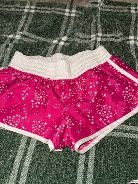 VINTAGE auth y2k Miken Hot Pink Star-Print Athletic Shorts with White Trim
